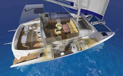 Sailing and power Catamaran RB 34' rendering with sail - Click to zoom